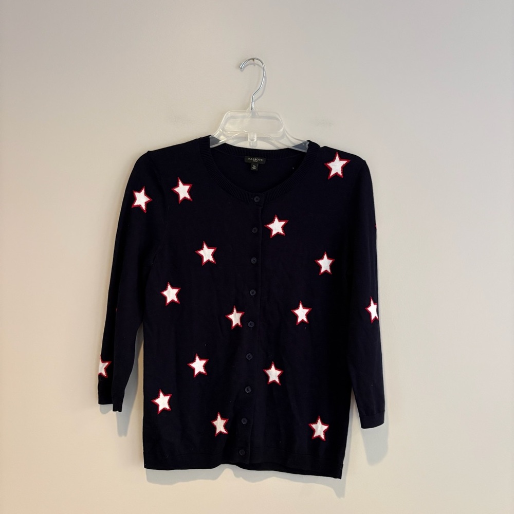 Talbots Navy, White, & Red Star Cardigan